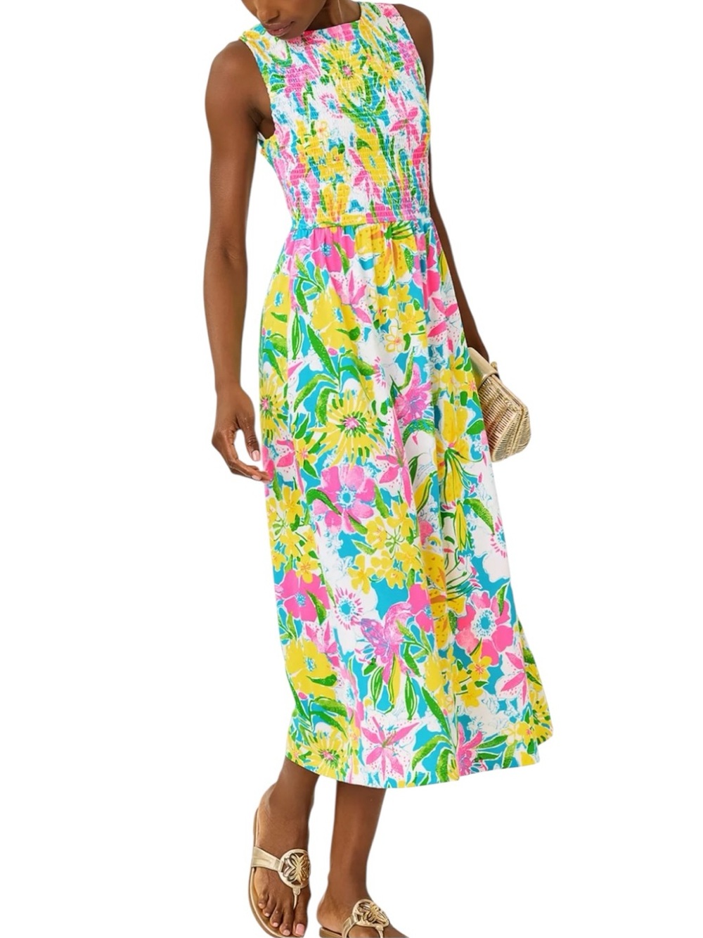 Lilly Pulitzer Smocked Finnley Floral Midi Dress in Multi Lovely Lilly Sz XL